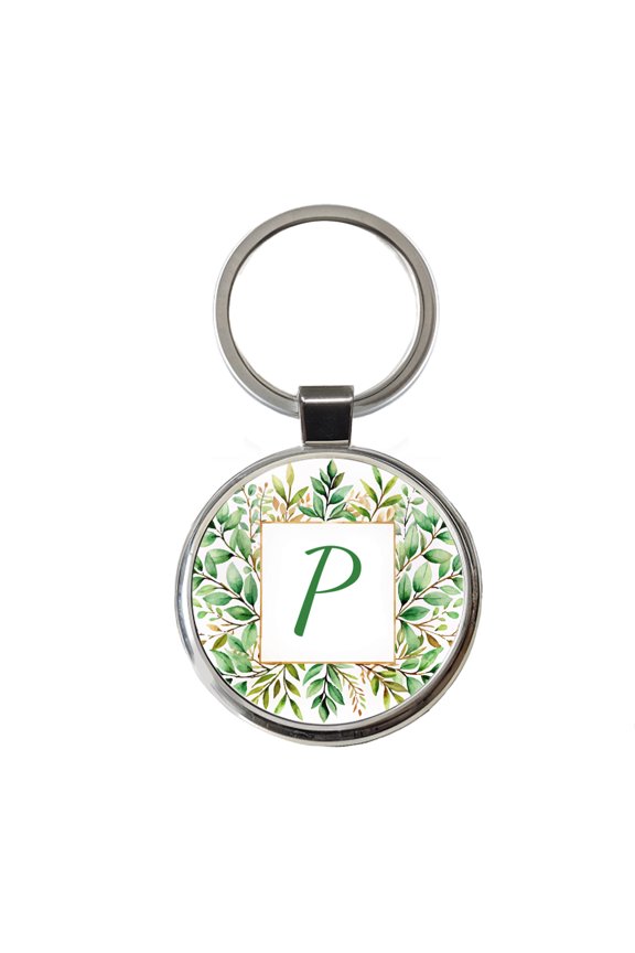 Letter P Initial Monogram Frame Leaf Metal Round Keychain