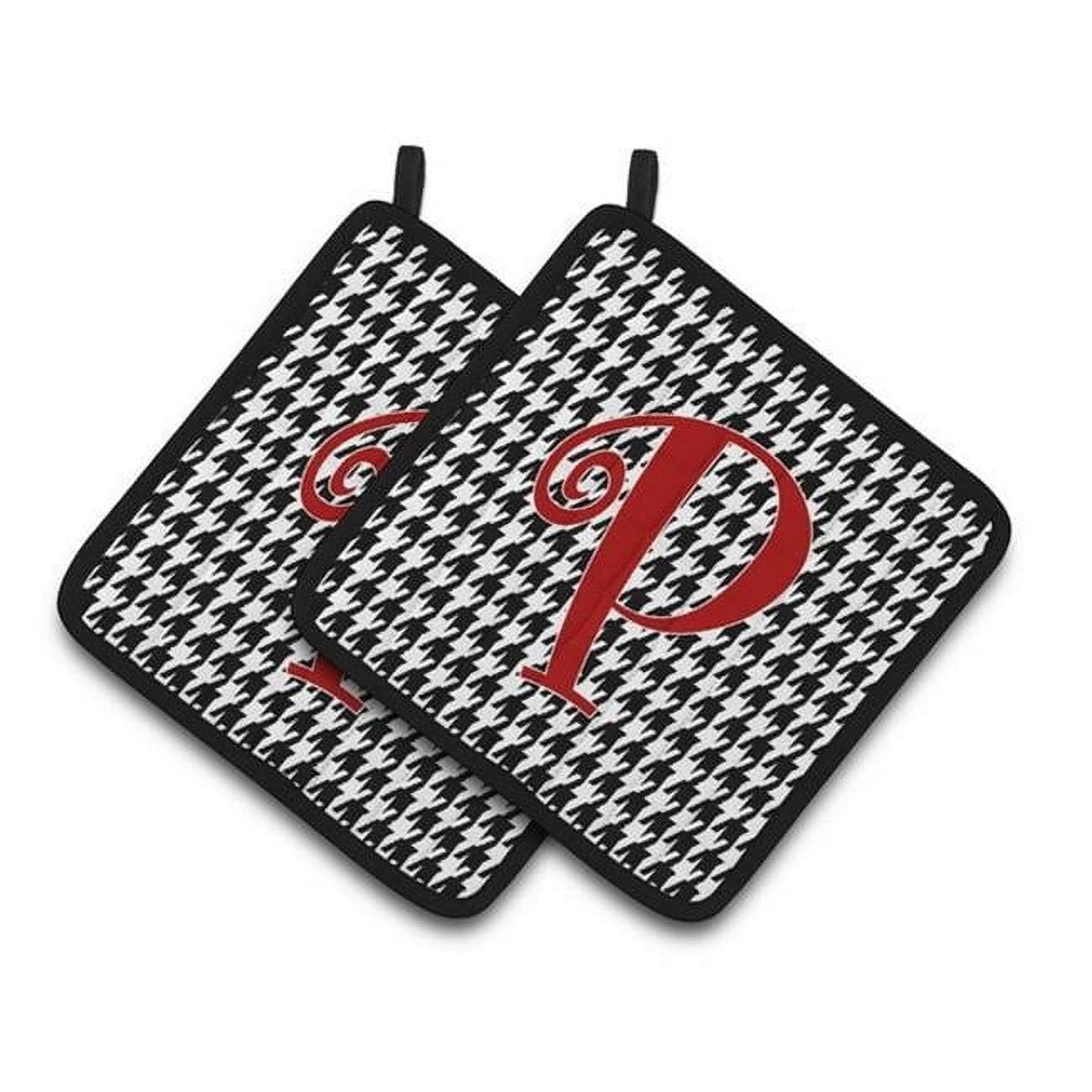 Monogram Initial P Houndstooth Black Pair of Pot Holders