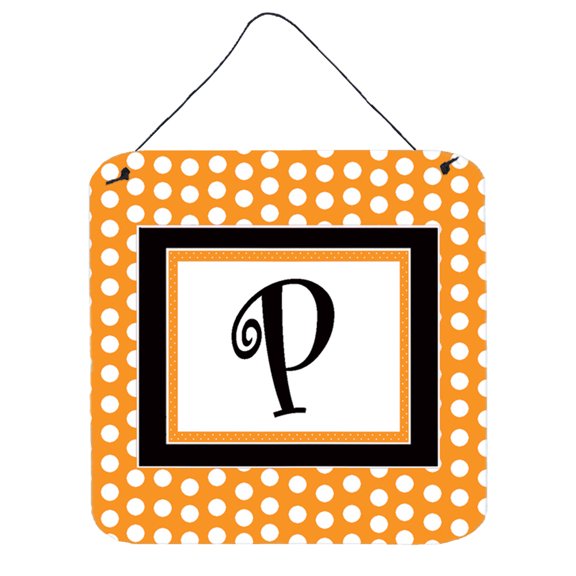 Letter P Initial Monogram - Orange Polkadots Wall or Door Hanging Prints