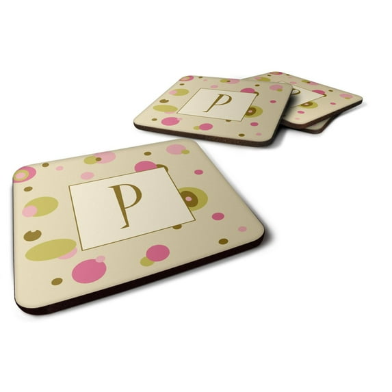 Letter P Initial Monogram - Tan Dots Foam Coaster Set of 4