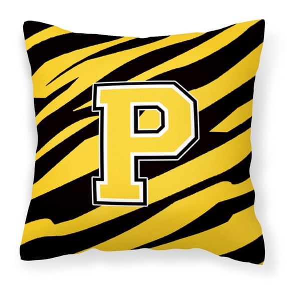 Letter P Initial Tiger Stripe - Black Gold Fabric Decorative Pillow