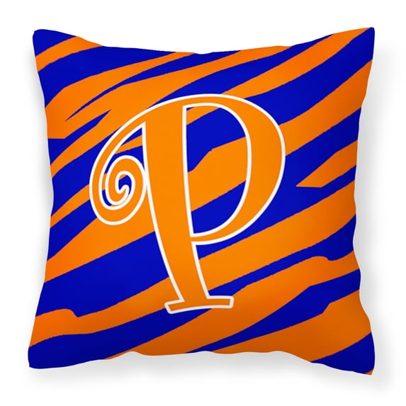 Letter P Initial Tiger Stripe Blue and Orange Fabric Decorative Pillow