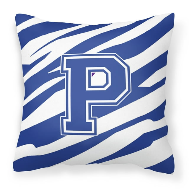 Letter P Initial Tiger Stripe Blue and White Fabric Decorative Pillow