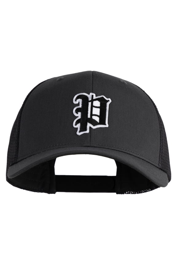 Letter P Iron on Patched Retro Trucker Cap - Dk Heather OSFM
