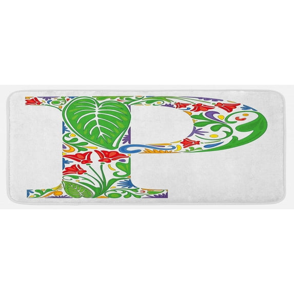 Letter P Kitchen Mat, Abstract Color Palette in Capital P Design Florets Leafs Petals Nature Pattern, Plush Decorative Kitchen Mat with Non Slip Backing, 47" X 19", Multicolor, by Ambesonne