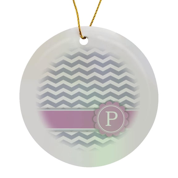 3drose, Letter P Monogrammed on Grey and White Chevron with Pink - Gray Zigzags - Personal Initial Zig Zags, Circle Porcelain Ornament