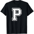 thumbnail image 1 of Letter P Name Initial Varsity Alphabet Monogram T-Shirt men and women can wear, black, white, gifts, 1 of 4