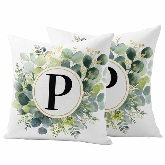 Letter P Pillow Covers 2 Pack Alphabet Green Eucalyptus Leaves Plant Simple Pillowcase Waterproof Outdoor Throw Pillow Cover for Patio Garden Square Cushion 20”x20”