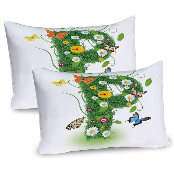 Letter P Pillow Sham Set of 2, Lively Springtime Freshness Garden Theme Summer Foliage Papilio Wings, Quality Microfiber Bedding Item for All Seasons, 26" x 20", Green Multicolor, by Ambesonne