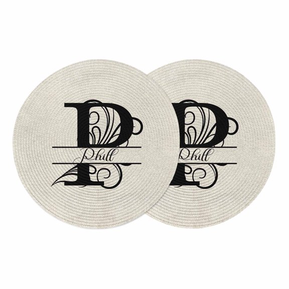 Letter P Round Placemats Set of 2, Braided Polypropylene Place Mats, Monogram Words Washable Table Mats for Kitchen Dinner Holiday Wedding Party Coffee Table Decoration 13"