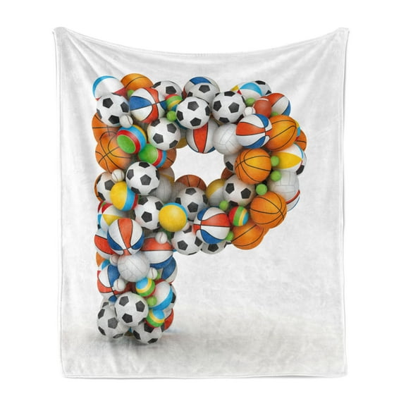 Letter P Soft Flannel Fleece Blanket, Conceptual Typography Design Alphabet and Sports Theme Font Type with Many Balls, Cozy Plush for Indoor and Outdoor Use, 60" x 80", Multicolor, by Ambesonne