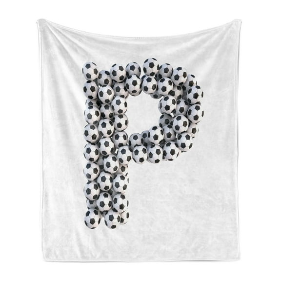 Letter P Soft Flannel Fleece Blanket, Stack Football Themed Illustration with Uppercase Letter P Team Sports Design, Cozy Plush for Indoor and Outdoor Use, 50" x 60", Black and White, by Ambesonne