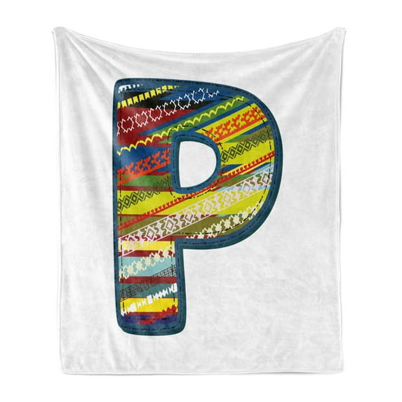 Letter P Soft Flannel Fleece Throw Blanket, P Letter Alphabet Boho Style Calligraphy Vibrant Baby Nursery Theme, Cozy Plush for Indoor and Outdoor Use, 70" x 90", Night Blue Yellow Red, by Ambesonne