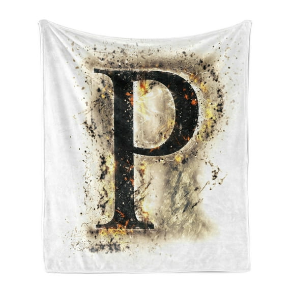 Letter P Soft Flannel Fleece Throw Blanket, P Embers Blazing ABC Font Design Tainted Background Illustration, Cozy Plush for Indoor and Outdoor Use, 50" x 70", Tan Black Yellow, by Ambesonne