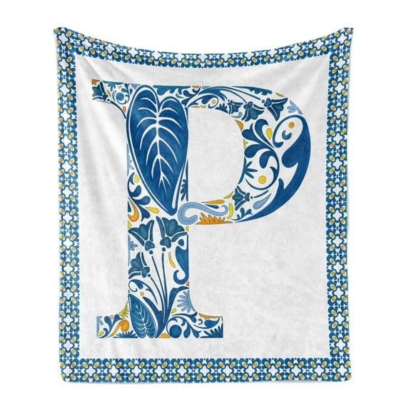 Letter P Soft Flannel Fleece Throw Blanket, Floral Motifs Swirls Tropical Rainforest Vegetation Retro Mosaic Motifs, Cozy Plush for Indoor and Outdoor Use, 70" x 90", Blue Yellow Orange, by Ambesonne