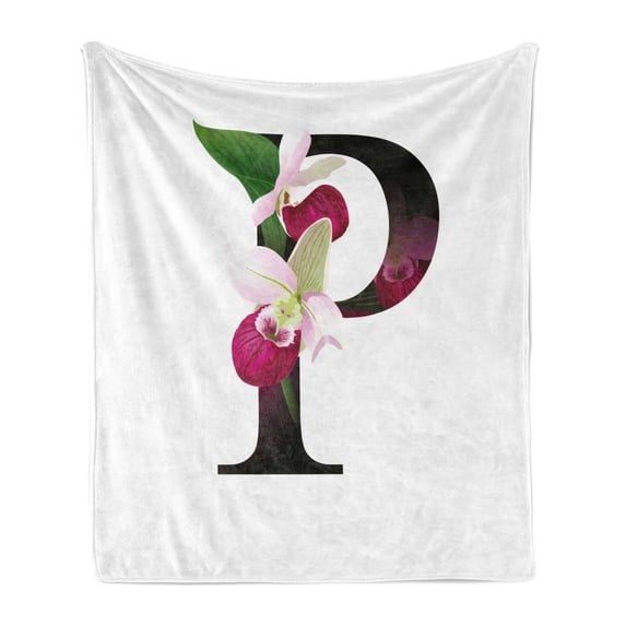 Letter P Soft Flannel Fleece Throw Blanket, Lady Slipper Flower with Dark Colored Letter P from Alphabet ABC Print, Cozy Plush for Indoor and Outdoor Use, 50" x 60", Magenta Black Green, by Ambesonne