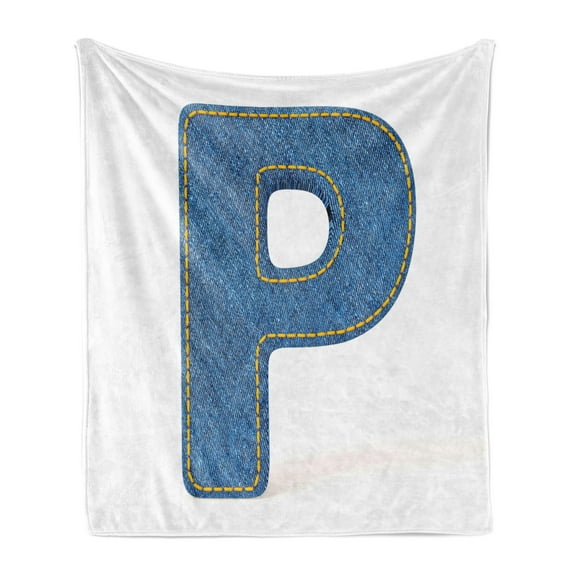 Letter P Soft Flannel Fleece Throw Blanket, Theme Font Design Alphabet Uppercase P with Blue Jean Style Stitches Print, Cozy Plush for Indoor and Outdoor Use, 70" x 90", Blue Yellow, by Ambesonne
