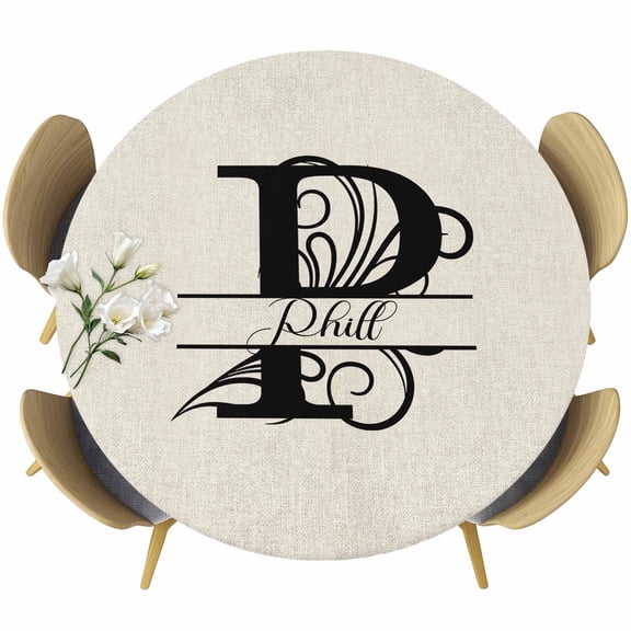 Letter P Table Cloth, Round Fitted Tablecloths with Elastic Edge, Monogram Words Wipeable Waterproof Table Cover for Kitchen Wedding 36-44 Inches