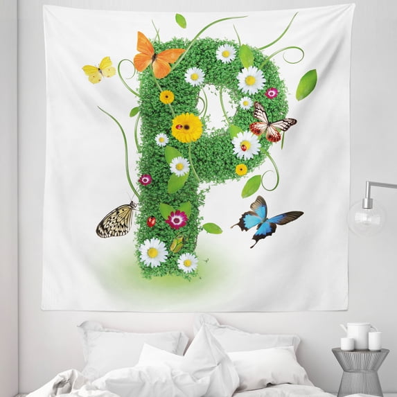 Letter P Tapestry, Lively Springtime Freshness Garden Theme Summer Foliage Papilio Wings, Fabric Wall Hanging Decor for Bedroom Living Room Dorm, 5 Sizes, Green Multicolor, by Ambesonne