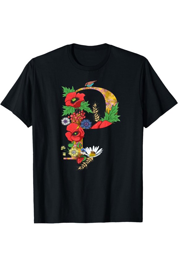 Letter P Tee Floral Initial P Monogram Poppy Flower Alphabet T-Shirt