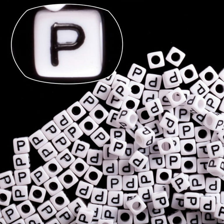 Alphabet Beads, Assorted Letters, 6mm Cube, White With Black