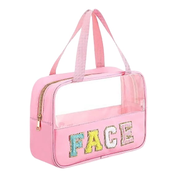 Large Clear Cosmetic Bag with Letter Patch Stylish & Nylon Travel Makeup Organizer with Handle & Zipper for Women and Girls Toiletry Storage Solution
