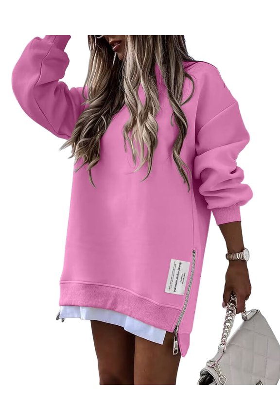 Women's Letter Patch Drop Shoulder Pullover with Side Slit Zipper, 1-Pack