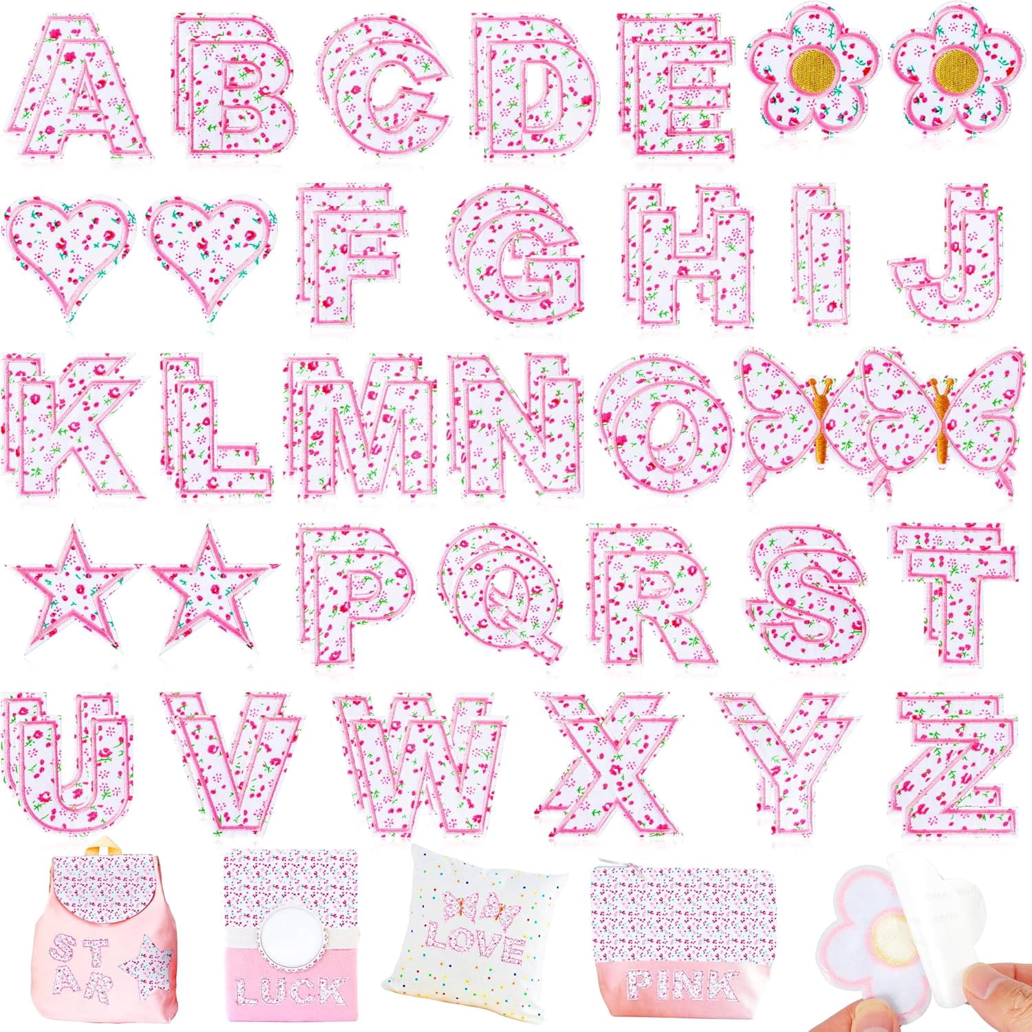 Letter Patches Self-Adhesive for Girls Clothing: Pink 60Pcs Flowers Butterfly Letters Patch Stickers - Cute Fabric A-Z Alphabet Applique Patches Stick on Jackets Hats Bags DIY Crafts