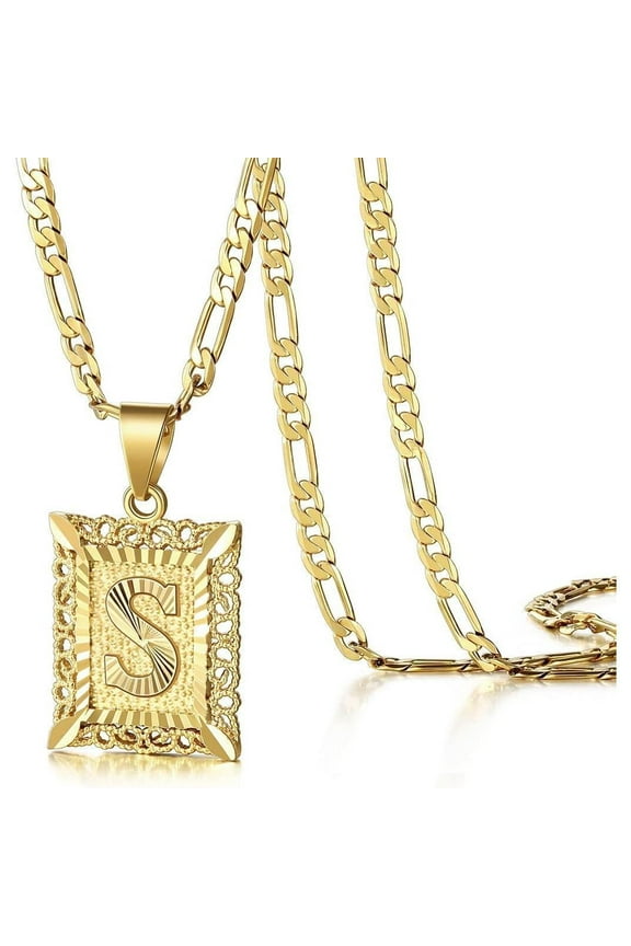 Letter Pendant Necklace for Men Womens, 18K Gold Plated Square Capital Monogram Necklace Alhpabets from A-Z Figaro Chain Necklace