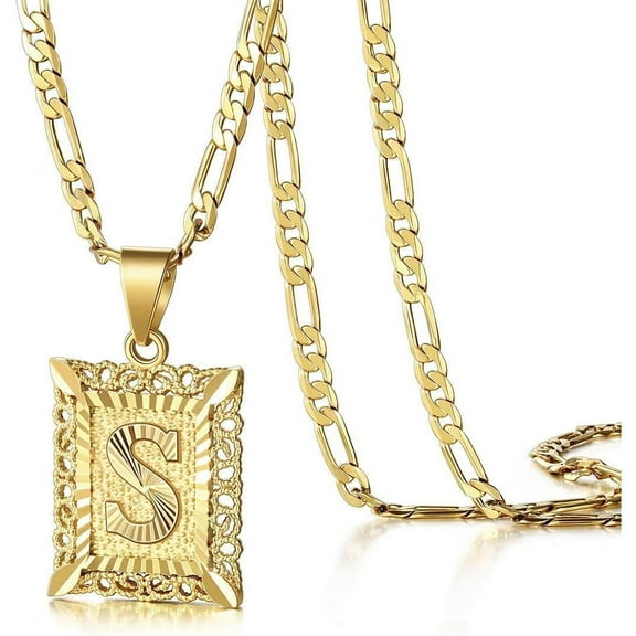 Letter Pendant Necklace for Men Womens, 18K Gold Plated Square Capital Monogram Necklace Alhpabets from A-Z Figaro Chain Necklace