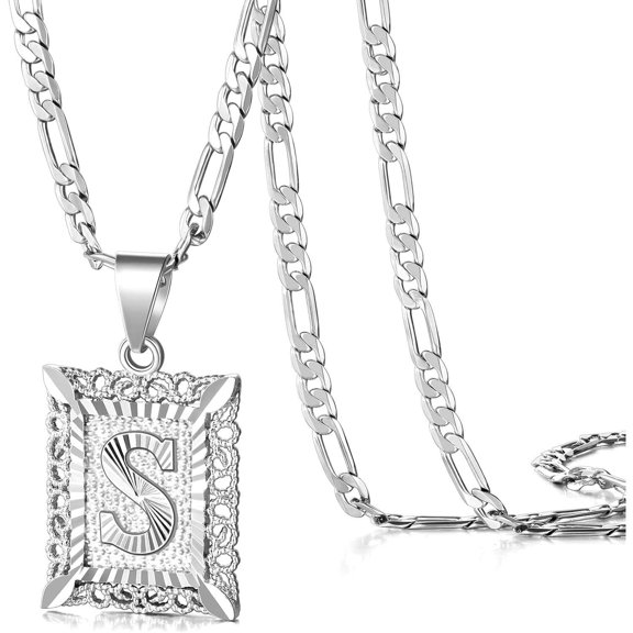 Letter Pendant Necklace for Men Womens, 18K Gold Plated Square Capital Monogram Necklace Alhpabets from A-Z Figaro Chain Necklace