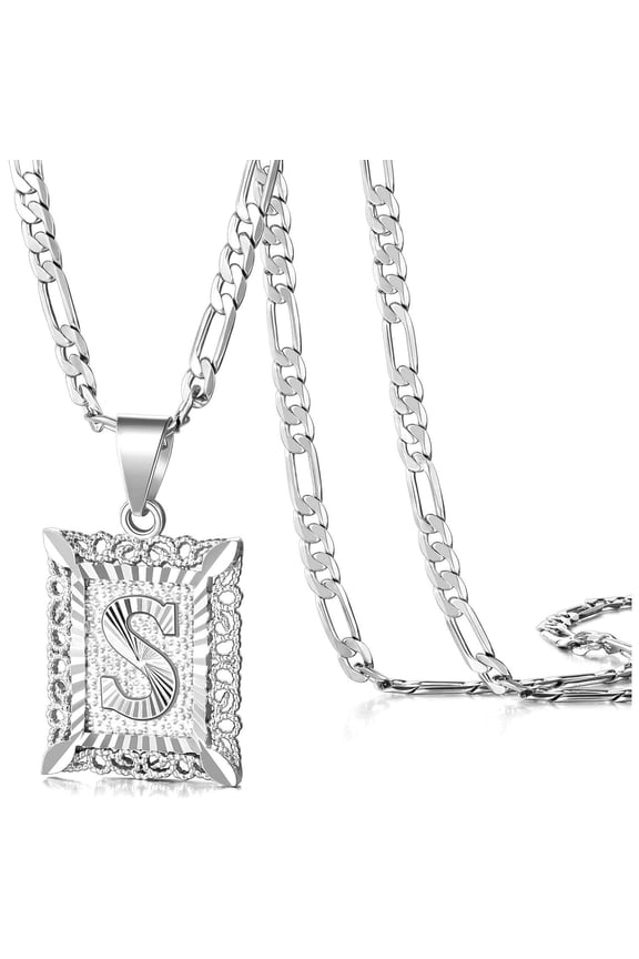 Letter Pendant Necklace for Men Womens, 18K Gold Plated Square Capital Monogram Necklace Alhpabets from A-Z Figaro Chain Necklace