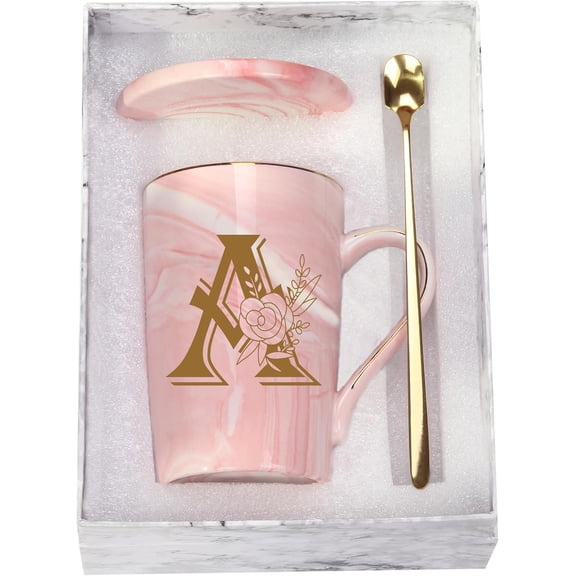 Letter A Personalized Initial Mugs with Flower, Letter A Personalized Novelty Coffee Mug, Novelty Letter Coffee Mugs for Women, Bridal Shower Gifts, Women's Initials Gifts Coffee Mug 14 Ounce Pink