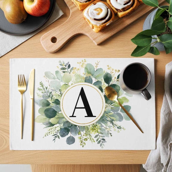 Letter A Placemats Set of 1, Alphabet Green Eucalyptus Leaves Plant Simple Heat Insulated Linen Place Mats, Washable Stain-Proof Table Mats for Dining Tables Holiday Decor 13x19 Inches