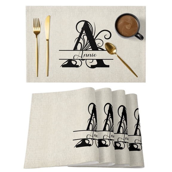 Letter A Placemats Set of 2, Cotton Linen Fabric Place Mats, Monogram Words Washable Decorative Table Mats Protector for Home Kitchen Dining Wedding Party Coffee Tables