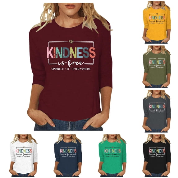 Letter Print 3/4 Sleeve T-Shirt for Women Casual Round Neck Top Soft Breathable All Season Tee