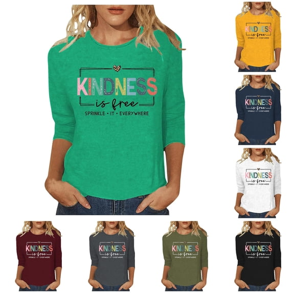 Letter Print 3/4 Sleeve T-Shirt for Women Casual Round Neck Top Soft Breathable All Season Tee