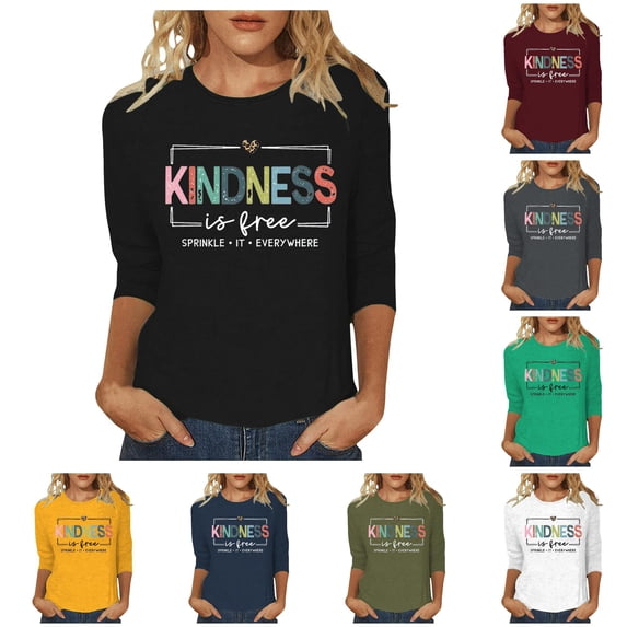 Letter Print 3/4 Sleeve T-Shirt for Women Casual Round Neck Top Soft Breathable All Season Tee