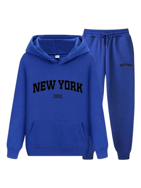 Letter Print Hoodie and Sweatpants Set for Couples Unisex New York Theme Casual Wear Comfortable & Stylish Tracksuit with Womens Athletic Hoodies Pullover Womens Sweaters with Hoodies Winter