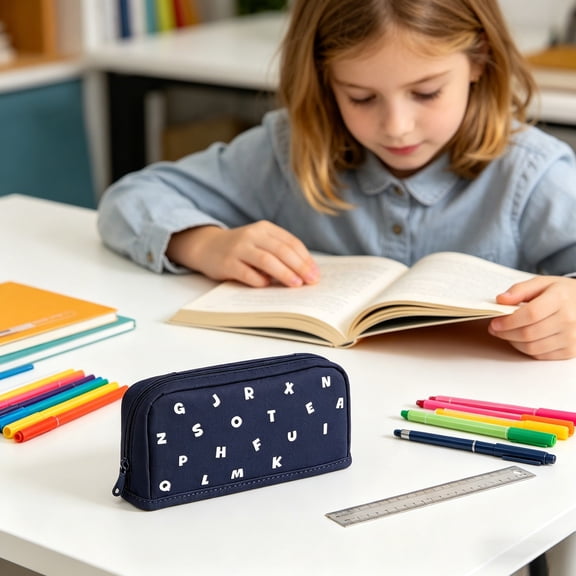 Letter Print Pencil Case, Standable Large Capacity Pencil Pouch, Multifunctional Stationery Bag with Compartments, Sturdy Zipper Pen Organizer for School Office