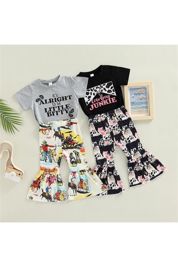 Letter Print Short Sleeve Top and Cow Pattern Flare Pants 2-Piece Western Style Summer Outfits Set for Girls 1-5Y