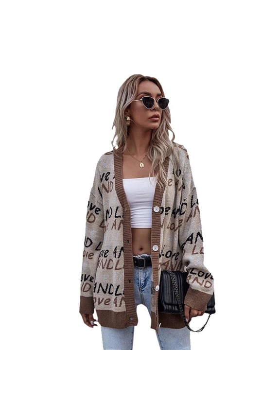 Letter Printed Cardigan Sweaters for Women Long Sleeve Open Front Versatile Button Up Knitted Outerwear