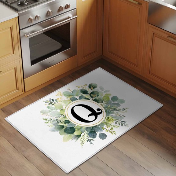 Letter Q 2x3 Rug for Entryway Front Door Kitchen Sink Area, Alphabet Green Eucalyptus Leaves Plant Simple Low Pile Washable Non Slip Rectangle Area Rug