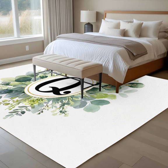Letter Q 6x9 Rug for Dining Room Table and Chair Setup, Alphabet Green Eucalyptus Leaves Plant Simple Low Pile Washable Non Slip Rectangle Area Rug