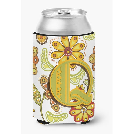 Letter Q Floral Mustard and Green Can or Bottle Hugger