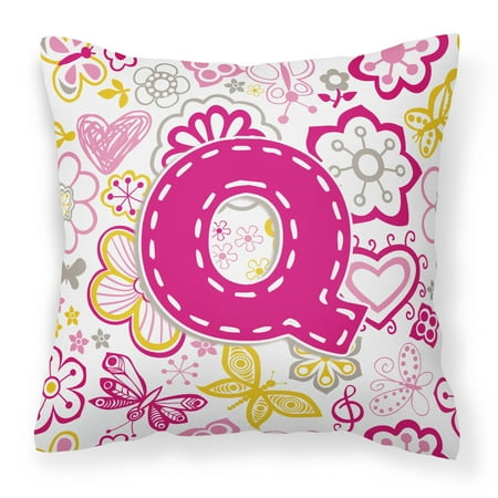 Letter Q Flowers and Butterflies Pink Fabric Decorative Pillow