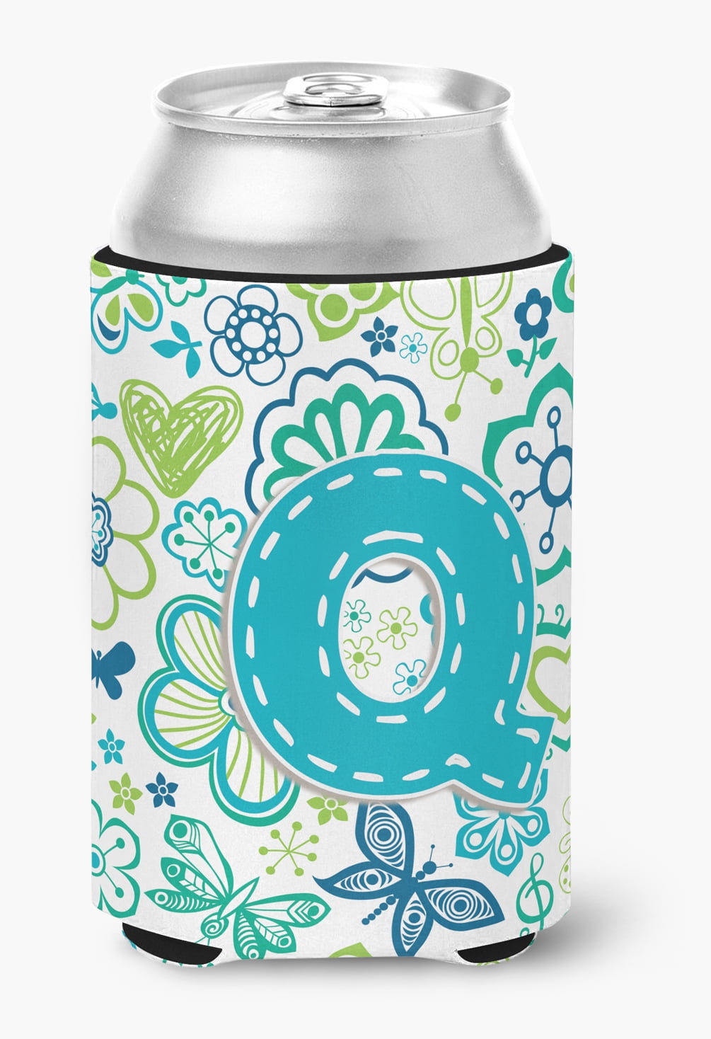 Letter Q Flowers and Butterflies Teal Blue Can or Bottle Hugger