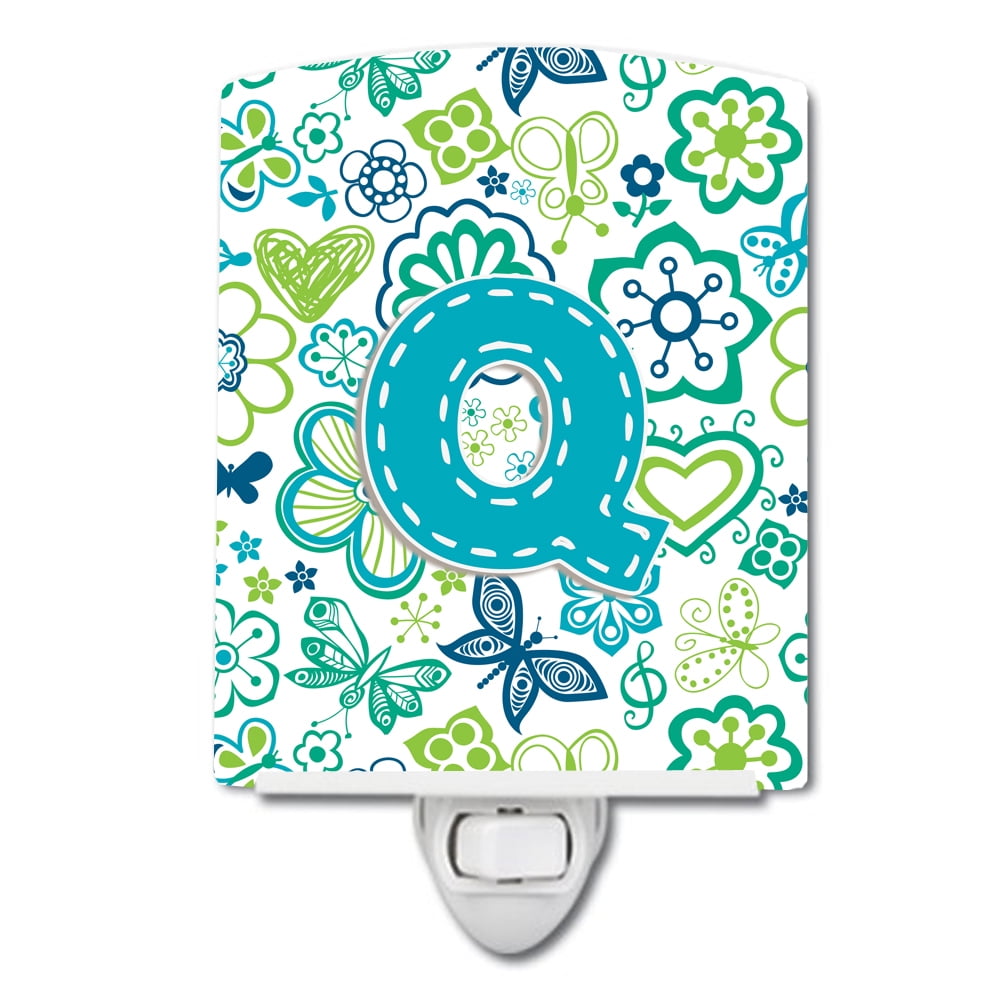 Letter Q Flowers and Butterflies Teal Blue Ceramic Night Light
