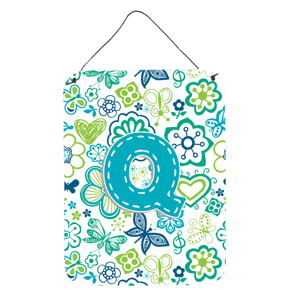 Letter Q Flowers and Butterflies Teal Blue Wall or Door Hanging Prints