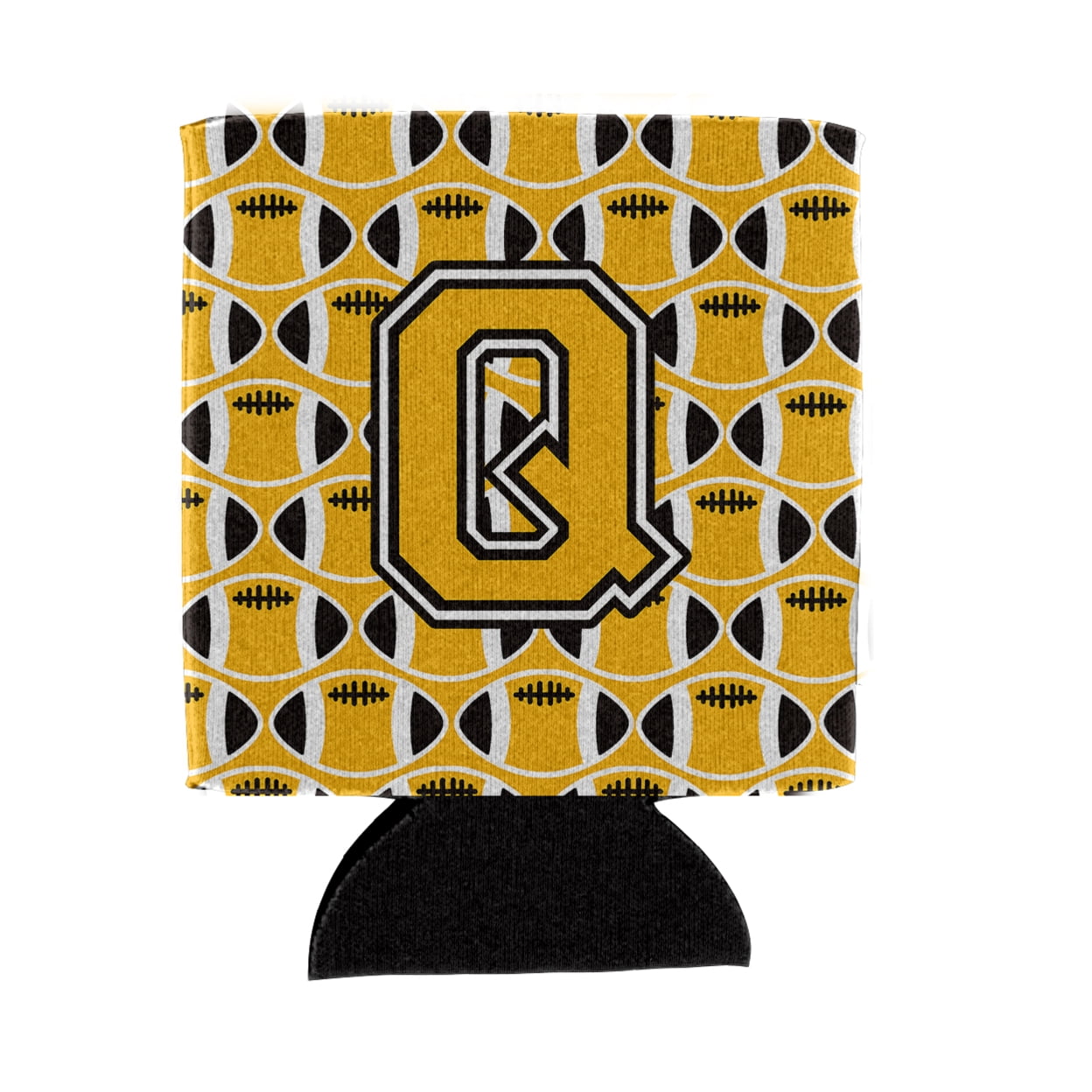 Letter Q Football Black, Old Gold and White Can or Bottle Hugger